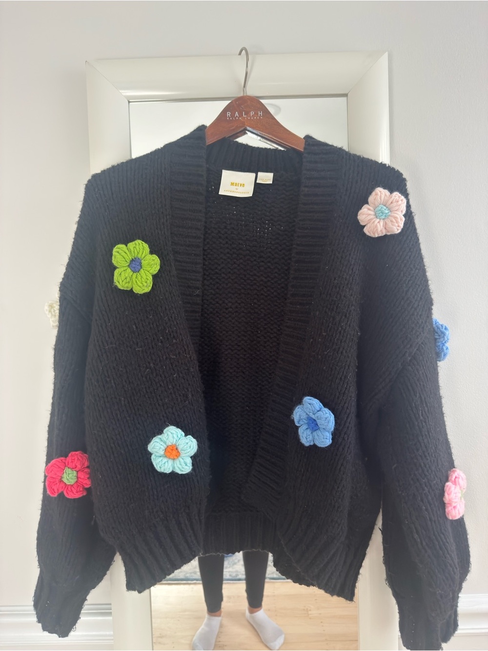 Maeve Black Open-Front Cardigan with Multicolor Crochet Flowers